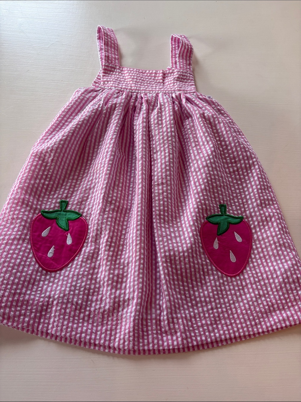 Girls Pink Striped Strawberry Applique Sundress
